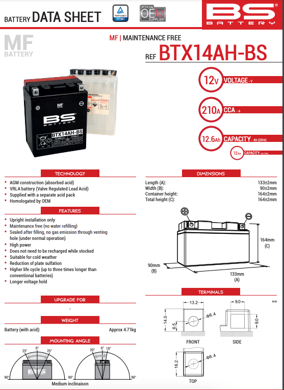BS Battery SLA BTZ14S – Precharged 12V 11.8Ah 230 CCA – Fits Honda X-ADV 750 (2017-2018)